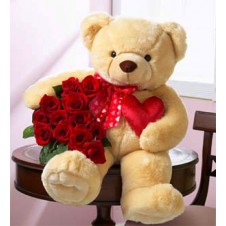 Cute Teddy Bear with Roses in a Bouquet and Heart