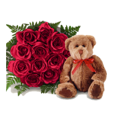 1 Dozen Red Roses in a Bouquet with one Teddy Bear
