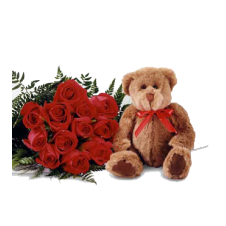 1 Dozen Red Roses with Filler  in a Bouquet  and Bear