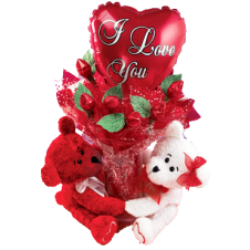 2 Bear Hug With Balloon and 6  Roses in a Vase and Hershey Kisses
