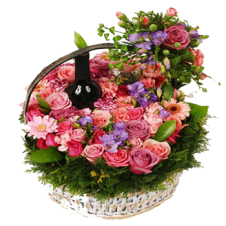 A Basket of Flowers With Sparkling Juice