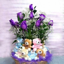 Purple Roses w/ Babys Breat and Greenery in a Basket with Mini Bear
