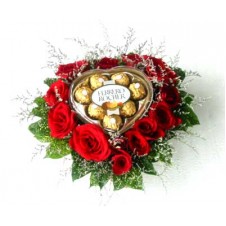 Ferrero Chocolate with Red Roses in a Heart Shapped Basket