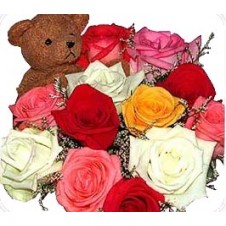 Multicolor Roses with Bear in a Bouquet