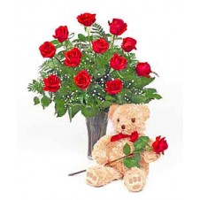 Red Roses in a Vase  with Cute Bear
