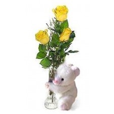 Yellow Roses in a Vase with Bear