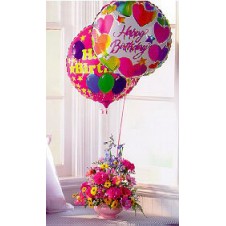 Adorable Mylar Balloons with Assorted Daisies in a Basket