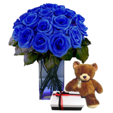 Imported Holland Blue Roses in a Vase w/ Small Brown Teddy Bear and Small Box of Chocolate