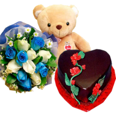 Heart Chocolate Cake with Medium Size Bear and White and Blue Sprayed Roses in a Bouquet