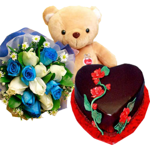 Heart Chocolate Cake with Medium Size Bear and White and ...