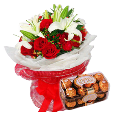 Red Roses in a Bouquet and White Lily and Chocolate