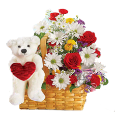 Mixed Flowers in a Basket  with White Small Teddy Bear