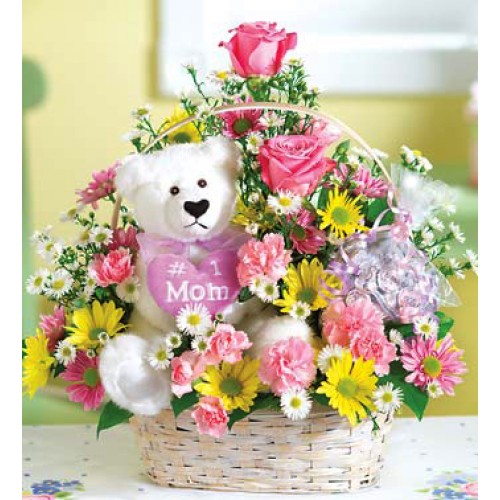 Flowers in a Basket with White Medium Size Teddy Bear