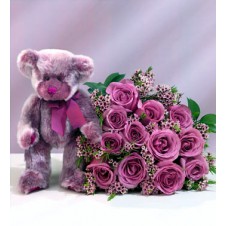 Purple Roses in a Bouquet  and Teddy Bear