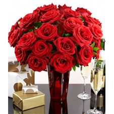 Red Roses in a Vase  with Box of Chocolate