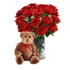 Red Roses in a Vase and Brown Teddy Bear