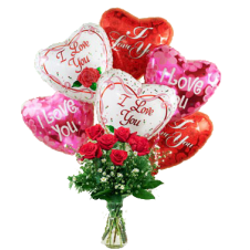 6 pcs Red Roses in a Vase With 6 Pcs I Love You  Balloons