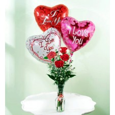 3 Pcs Red Roses in a Bud Vase with 3 Pcs I Love You Balloons 