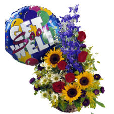 A Basket of Sunflowers, Snap Dragon Pompom Mums, Roses and Malaysian Mums with Mylar Balloon.