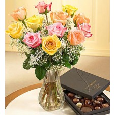 Roses in a Vase  with Box of Chocolate