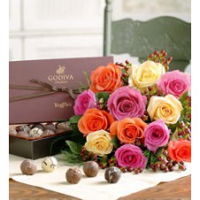 Multicolored Roses in a Bouquet  with Box of Chocolates