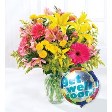 Mixed Flowers Gerberas Star Gazer Mum in a Basket with Mylar Balloons