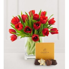 Red Tulips in a Vase  with Chocolates