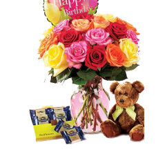 Multicolored Roses in a Vase With Teddy Bear and Chocolates GIft Package