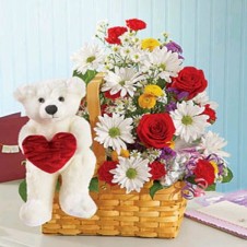 Mixed Flowers in a Basket and Bear with Heart