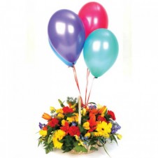 Celebration Flower in a Basket  and Five Balloons