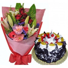 Flowers in a Bouquet with Black Forest Cake 