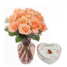 1 Dozen Peach Roses in a Vase  with Belgian Chocolates