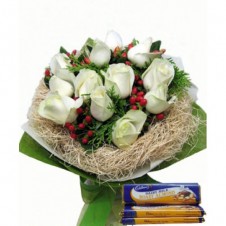 White Roses in a Bouquet  with Cadburry Chocolate