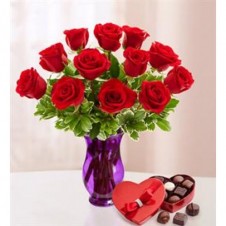 Be Mine a 1 Dozen Red Roses in a Vase with Box of Chocolates/or hershey's kisses 36gms