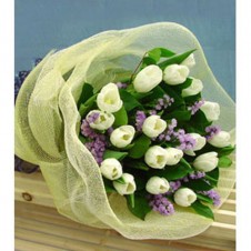 One Dozen Fresh White Tulips in a Bouquet