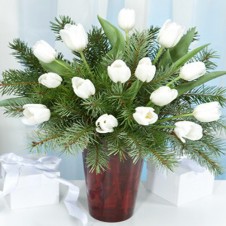 One Dozen White Tulips in a Vase