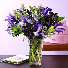 12 Purple Iris Flowers w/ Greenery in a Vase