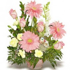 Pink Gerberas Pink Roses, Yellow Carnations and Greenery