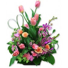 Pink Tulips, Orange Roses, Dendrobium Orchids with Greenery