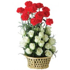 Red Carnations and White Roses in a Basket