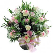 Pink Roses and Carnations with Greenery in a Basket