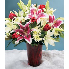 Mixed Lily Flower and Red Tulips with Greenery in a Vase