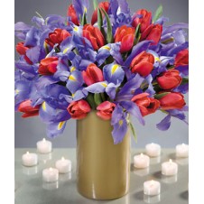 Fresh Iris and Red Tulips in a Vase