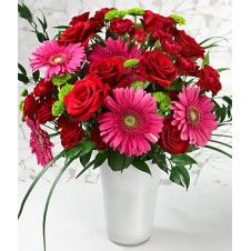 Red Roses, Red Carnations and Pink Gerbera with Greenery