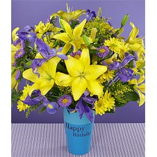 Mixed Iris with Bright Yellow Lilies in a Vase