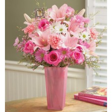 Pink Lilies, Roses, Gerbera, and Carnations with Mums