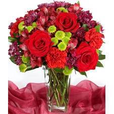 Red Roses, Altroemeria, Carnations, and Mums with Greenery