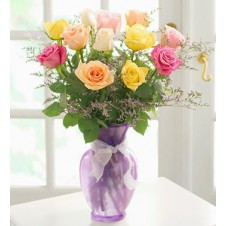 1 Dozen Mixed  Roses in a Vase