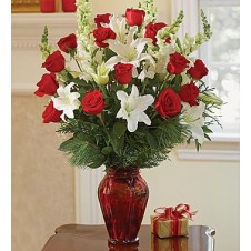 White Lily & Dozen Red Rose in a Vase