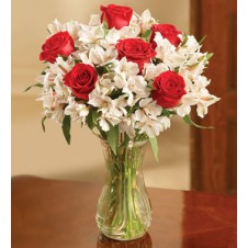 Red Roses & White Alstroemerias in a Vase